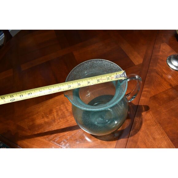 Teal Turquoise Art Glass Pitcher Controlled Bubble Texture Shoreline Collection - Picture 8 of 8